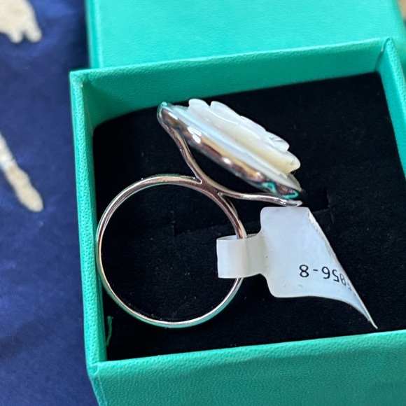 Vintage DK Sterling Silver 925 Mother of Pearl Rose Carved Ring Scalloped Bezel - Picture 6 of 15